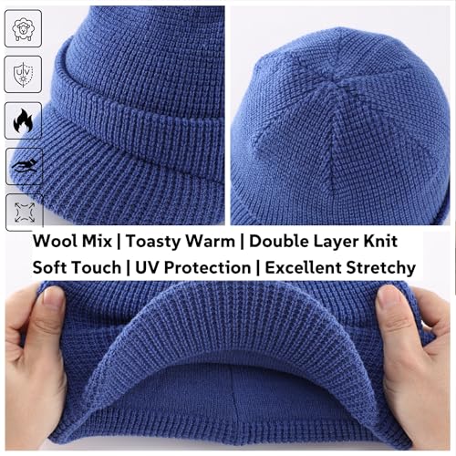 Home Prefer Mens Wool Blend Winter Hat Double-Layer Warm Knit Pre-Curve Visor Beanie Brimmed Beanies Hat for Men Women - color: Bright Blue