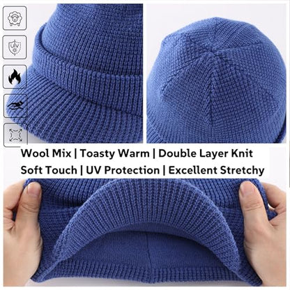 Home Prefer Mens Wool Blend Winter Hat Double-Layer Warm Knit Pre-Curve Visor Beanie Brimmed Beanies Hat for Men Women - color: Bright Blue