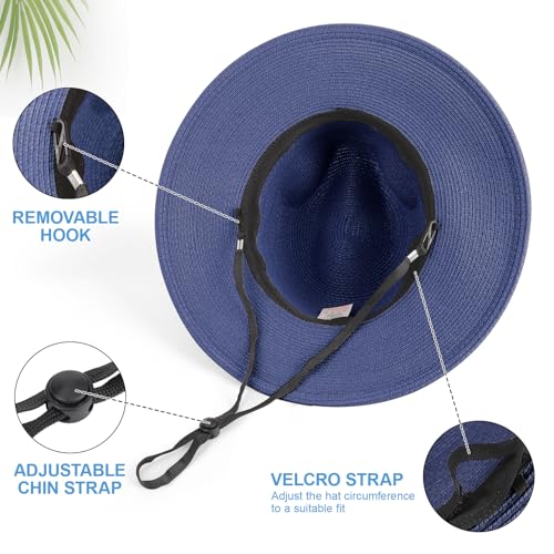 DRESHOW Women Straw Panama Hat Travel Fedora Beach Sun Hat Summer Wide Brim Straw Roll up Hat UPF 50+ - color: Straw Hat With Braided Band: Navy