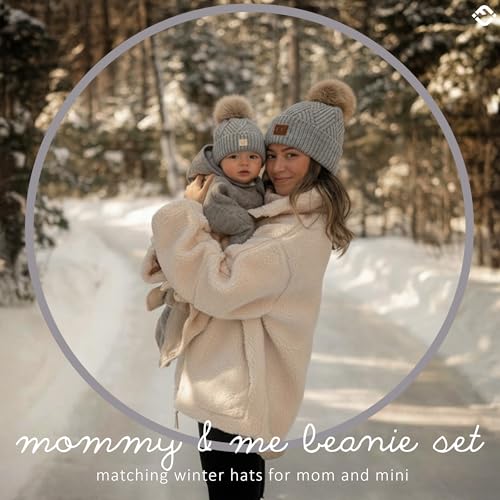 Funky Junque Mommy & Me Pom Pom Beanies Set – Infant Baby & Mom Matching Winter Outfits, Warm Newborn & Women's Beanie Hats - color: Diagonal Basketweave - Heather Grey