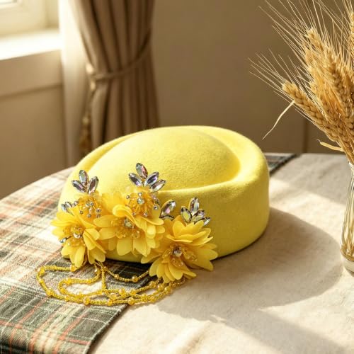 Women's Retro British Felt Headscarf Hat Church Derby Headdress with Floral Women's Soft Beret - color: 02 Lemon Yellow