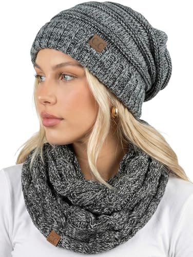 Funky Junque Slouchy Beanie & Infinity Scarf Gift Set – Matching Winter Accessories Sets for Women, Oversized Hat and Scarves - color: 4 Tone Mix - Grey, Black, Beige, Light French Beige