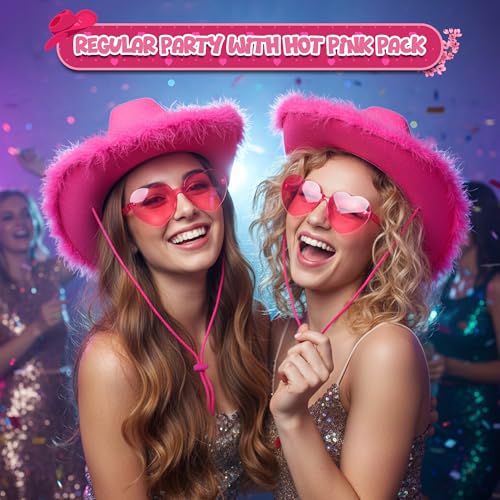 4E's Novelty Cowboy Hat with feathers With Heart Shaped Sunglasses for Women, Felt Cowgirl Hat for Party Costume Dress Up - color: Hot Pink