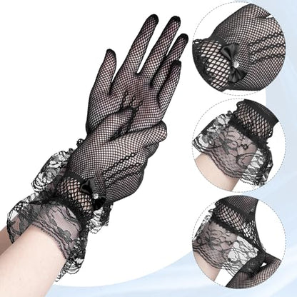 Fascinators Hats with Lace Gloves for Women Headband for Tea Party Wedding - color: Black