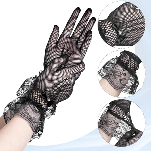 Fascinators Hats with Lace Gloves for Women Headband for Tea Party Wedding - color: Black