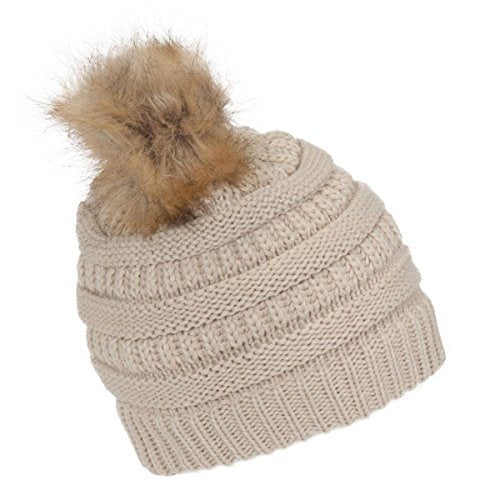 Gravity Threads Cable Knit Faux Fur Pom Pom Beanie Hat - color: Beige