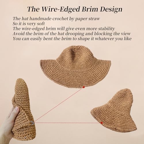 Floppy Big Beach Straw Hats for Women Foldable Summer Wide Brim Packable Sun Hat Womens Travel Straw Fedora Hat - color: Khaki-4