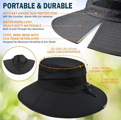 Men's UPF 50+ Waterproof Wide Brim Boonie Hat, Sun & Rain Protection - color: Black