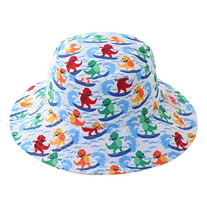 Home Prefer UPF50+ Wide Brim Sun Hat Boys Girls Sun Protection Hat Zoo Beach Swim Safari Bucket Hat for Baby Toddler Kid - color: Dinosaur Surfer, size: 1-2T