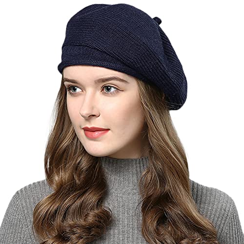 French Style Beret Hat for Women Winter Fall Knit Artist Hats Classic Solid Color Beanie Hat - color: Navy