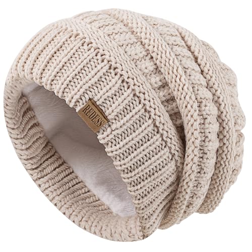 REDESS Slouchy Beanie Hat for Men and Women Winter Warm Knit Hat Chunky Soft Oversized Cable Cap - color: A3 Beige