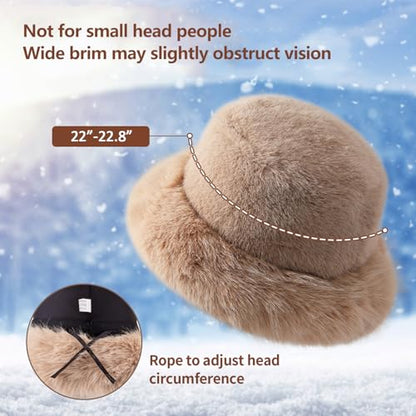 Peicees Winter Bucket Hat for Women Fur Russian Ushanka Ladies Fluffy Snow Hat Fuzzy Fisherman Cap Warm Cute - color: White