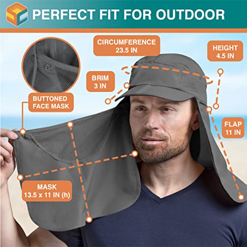 SUN CUBE Fishing Sun Hat with Neck Flap & Face Cover, Wide Brim UPF50+ Cap - color: Grey