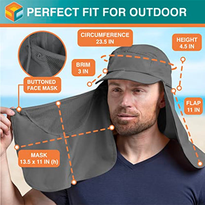 SUN CUBE Fishing Sun Hat with Neck Flap & Face Cover, Wide Brim UPF50+ Cap - color: Grey
