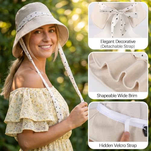 Babalet Linen Blend Sun Hat for Women Wide Brim Beach Bucket Hat - color: Beige- Ponytail Opening