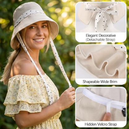 Babalet Linen Blend Sun Hat for Women Wide Brim Beach Bucket Hat - color: Beige- Ponytail Opening