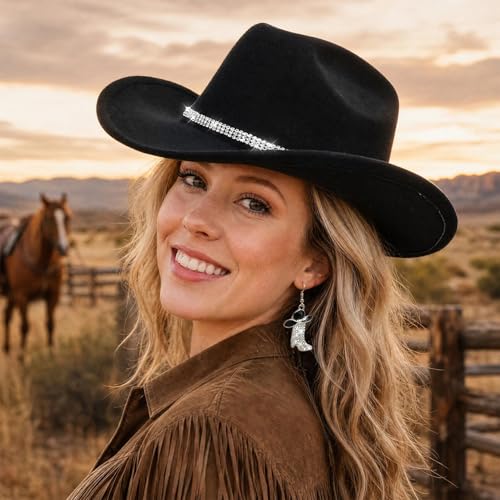 Cowboy Hat Rhinestone Cowgirl Boots Earrings Set Western Earring Felt Fedora Jazz Hat Rodeo Outfit for Women Size M - color: Black