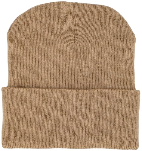 KBETHOS Made in USA Classic Men's Women's Cuffed Folded Acrylic Knit Beanie Hat Solid Unisex Cold - color: Khaki Solid Long Beanie
