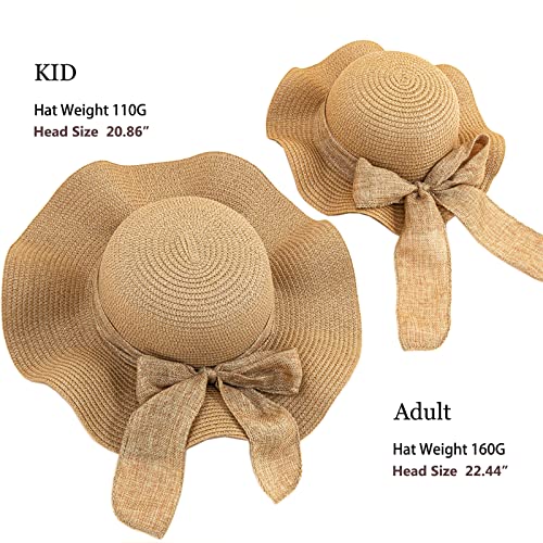 2 PCS Parent-Child Straw Hat Wide Brim Bowknot Cap Beach Sun Hat for Girls Women - color: Wave Brown
