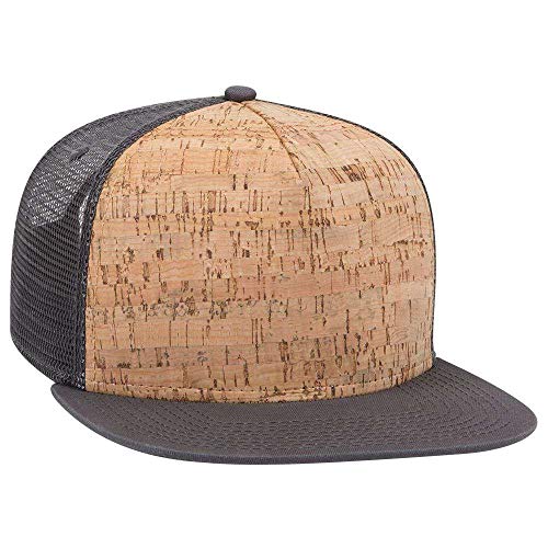 OTTO Cork Flat Visor SNAP 5 Panel Mesh Back Trucker Snapback Hat - color: Char. Gray/Cork/Char. Gray