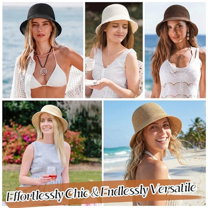 Babalet Summer Straw Beach Sun Hats for Women Packable Floppy Bucket Hat - color: White
