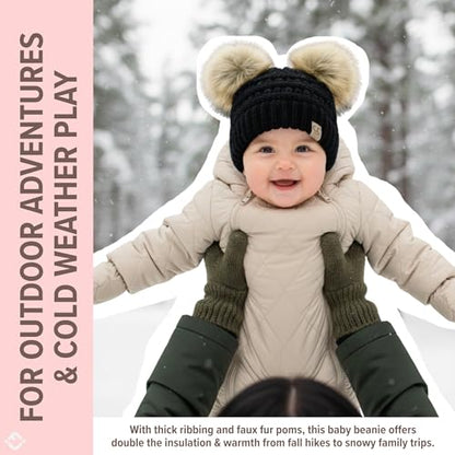 Funky Junque Double Pom Pom Baby Beanie – Newborn Girl Winter Hat 0–12 Months, Cute Cozy Knit Infant Beanies for Cold Weather - color: Black - Faux Fur Pom (2 Pom)