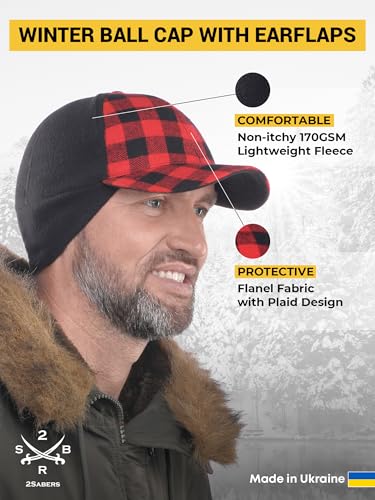 2SBR 2SABERS Mens Winter Hat with Earflaps and Visor - Warm Trucker Baseball Cap Hat - color: Red Plaid, size: Small