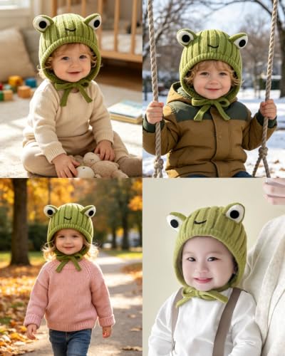 AMPOSSTO Baby Knitted Earflap Beanie Hat Cute Frog Winter Warm Ear Protection Skull Caps with Big Eyes for Boys Girls - color: Green