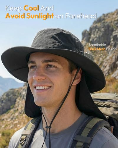 Sun Hats for Men Wide Brim Bucket Hat with Neck Flap for Fishing & Hiking Mens Sun Hat for UV Protection - color: Black