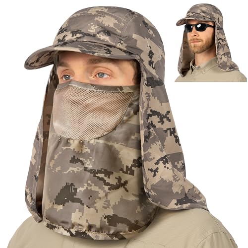 SUN CUBE Fishing Sun Hat with Neck Flap & Face Cover, Wide Brim UPF50+ Cap - color: Camo Grey