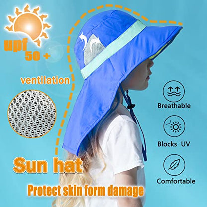 Kids Sun Hats UPF 50+ Sun Protection Hat for Kids with Neck Flap Adjustable Large Brim Beach Fishing Hat for Age 3-12 - color: Blue