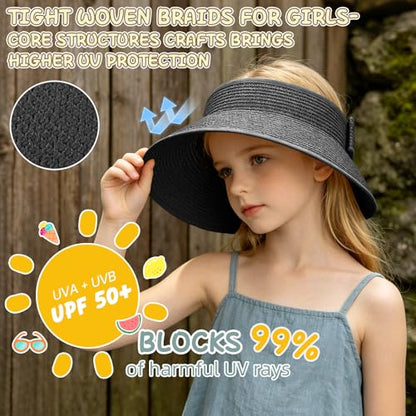 Girls Sun Visor Hat with Ponytail Hole Wide Brim Beach Straw Visor UPF 50+ - color: 1pack-black