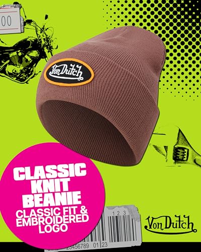 Von Dutch Unisex Cuffed Knit Skull Cap Beanie, Embroidered Logo - color: Sepia Stone