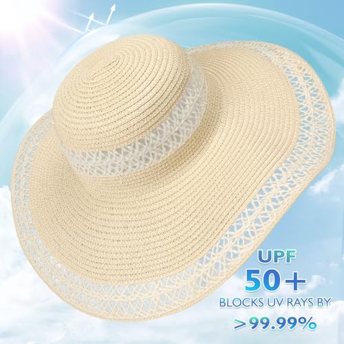 Tavaleu Beach Sun Straw Hat Wide Brim UV Protection for Women Foldable - color: Beige With Lace