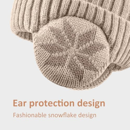 2 Pack Kids Beanie Winter Hat for 3-10 Years Cute Warm Fleece Lined with Ear Flaps for Boys and Girls - color: Black+beige