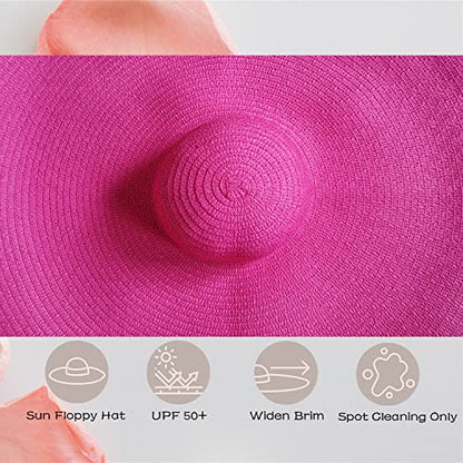 Oversized Beach Hat Women, Extra Wide Brim Foldable Straw Floppy Sun Hat - color: Rose Red