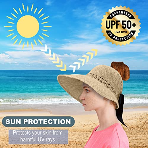 Straw Sun Visor for Women, Wide Brim UPF 50+ Protection Beach Hat, Adjustable, Roll Up Foldable Ponytail Cap with Chin Strap - color: A Beige