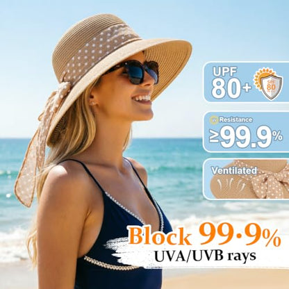 DRESHOW Sun Hats for Women Summer Wide Brim Beach Straw Hat Bowknot Bucket Hats Foldable Floppy Beach Sun Hat UPF 50+ - color: 1 Pack Polka Dot Bowknot Ribbon Hat: Khaki