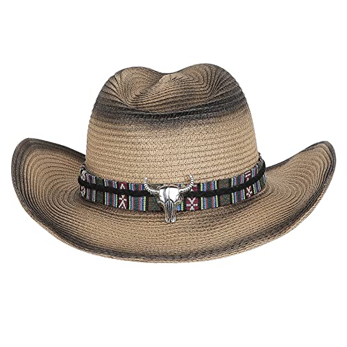Straw Cowboy Sun Hat for Men Women Summer Fedora Beach Panama Western Cap - color: Brown