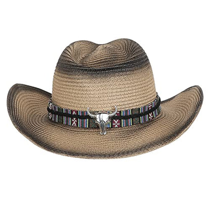 Straw Cowboy Sun Hat for Men Women Summer Fedora Beach Panama Western Cap - color: Brown