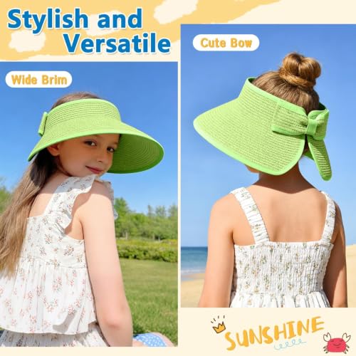 ZOORON Girls Straw Sun Visor Hat, Wide Brim Ponytail Beach Hat with Bow - color: Apple Green