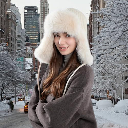 Women Winter Trapper Hat Ushanka Warm Sherpa Beanie Knit Ear Flap - color: Knitting Beige