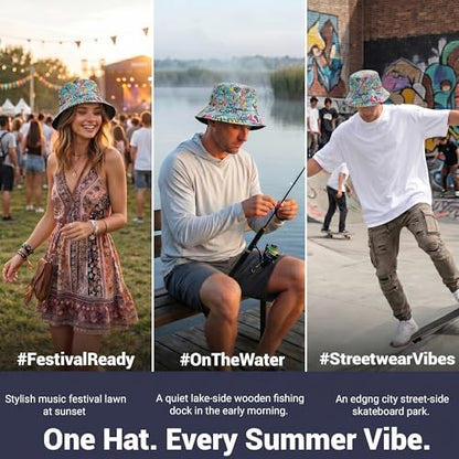 ZLYC Printed Bucket Hat for Women Men Packable Summer Sun Hat for Beach - color: Street Art Blue