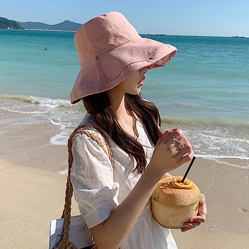 HUAMULAN Wide Brim Women Summer Sun Floppy Hat Reversible Beach Bucket Hat - color: M1744-pink