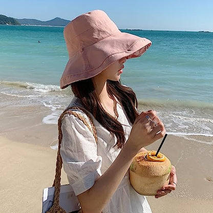HUAMULAN Wide Brim Women Summer Sun Floppy Hat Reversible Beach Bucket Hat - color: M1744-pink