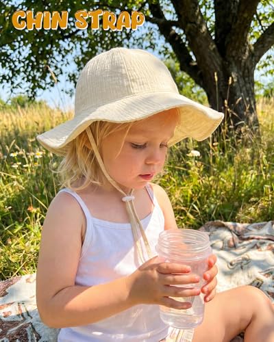 HONGTEYA Baby Sun Hat Muslin Wide Brim Toddler Girl Beach Bucket Hat - color: Pink/Beige, size: 2-5T