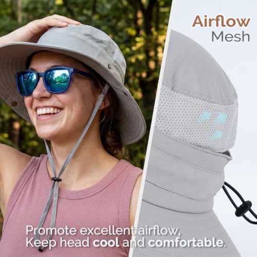 2-in-1 Womens Bucket Sun Hats, Sun Visor Hat, UPF 50+ Wide Brim, Ponytail-Friendly, Packable, Hiking Outdoor - color: Light Grey