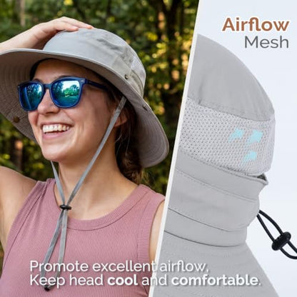 2-in-1 Womens Bucket Sun Hats, Sun Visor Hat, UPF 50+ Wide Brim, Ponytail-Friendly, Packable, Hiking Outdoor - color: Light Grey