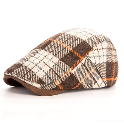 Men Wool Blend Flat-Top Tweed Newsboy Hat/Ivy Cap/Adjustable Plaid Driver's Hat - color: Coffee