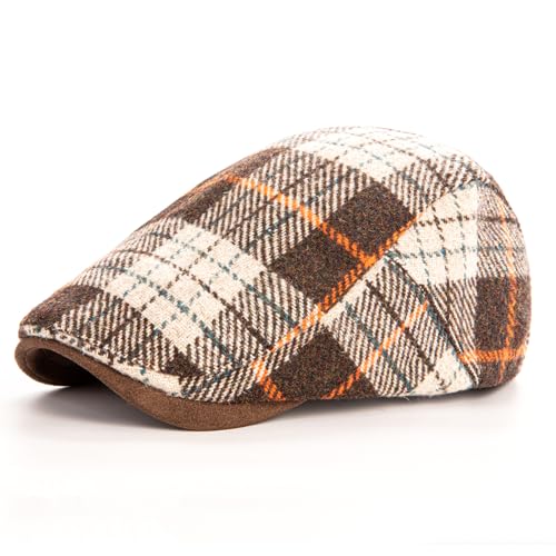 Men Wool Blend Flat-Top Tweed Newsboy Hat/Ivy Cap/Adjustable Plaid Driver's Hat - color: Coffee